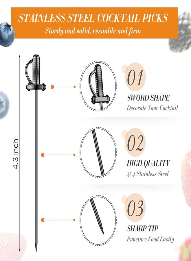 Perthlin 10 Pieces Stainless Steel Cocktail Picks Toothpicks 4.3 Inch Sword Metal Martini Drink Pick Sticks Appetizer Reusable Skewers Food Fruit Cocktail Toothpicks for Birthday Wedding Beach (Black) - Image 2